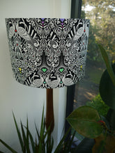 Load image into Gallery viewer, Black white bird and floral print with rainbow hearts 30cm Drum Lampshade