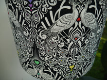 Load image into Gallery viewer, Black white bird and floral print with rainbow hearts 30cm Drum Lampshade