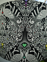 Load image into Gallery viewer, Black white bird and floral print with rainbow hearts 30cm Drum Lampshade