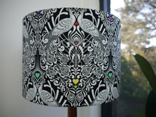 Load image into Gallery viewer, Black white bird and floral print with rainbow hearts 30cm Drum Lampshade