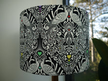 Load image into Gallery viewer, Black white bird and floral print with rainbow hearts 30cm Drum Lampshade