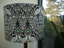 Load image into Gallery viewer, Black white bird and floral print with rainbow hearts 30cm Drum Lampshade