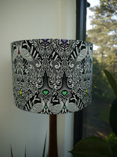 Load image into Gallery viewer, Black white bird and floral print with rainbow hearts 30cm Drum Lampshade